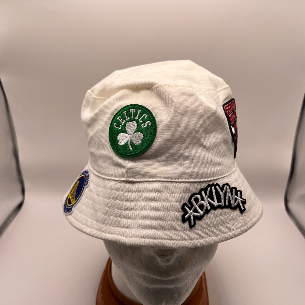 Zara NBA Youth White Bucket Hat Multi Team Patch Celtics Lakers Bulls Knicks